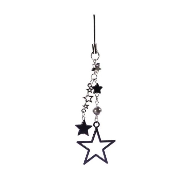 Pendente decorativo para telefone com estrelas e pérola Corrente prateada e preta para telemóvel cordão para telefone adorno para mochila câmara 1