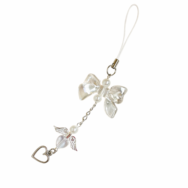 Pendente per cellulare 13 cm Fiocco con cuoricino Decorazione in resina per telefono Laccetto per cellulare Accessorio alla moda carino bianco