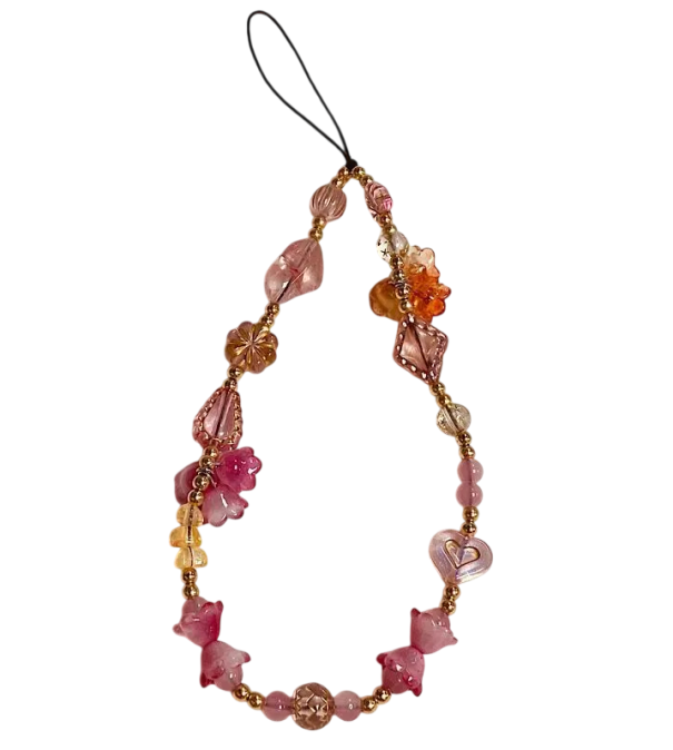 Pendente retro de contas para telefone Cadeia rosa para telemóvel Pulseira para pulso Corda curta para câmara Chaveiro para bolsa 1