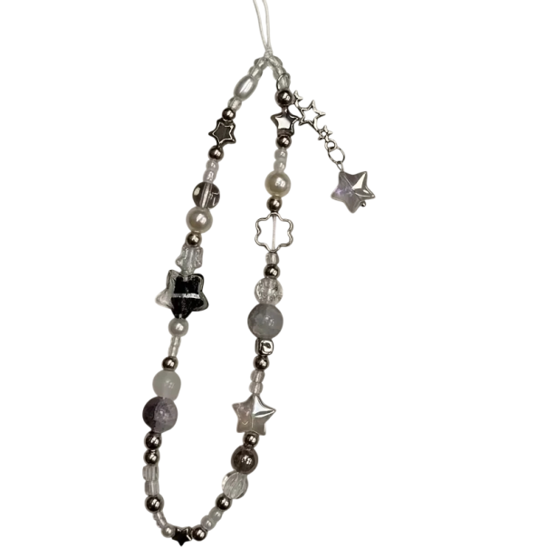 Pendentif en perles pour téléphone Étoile argentée et perle Sangle décorative pour mobile Cordon universel pour le cou Décoration de téléphone 1