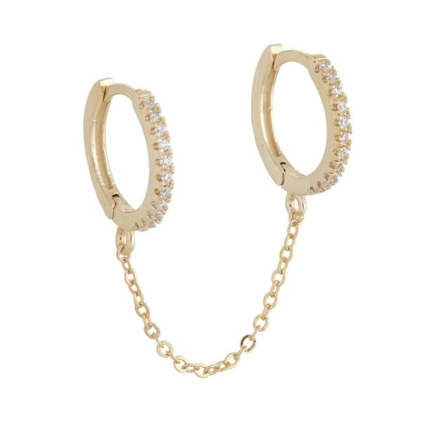 Pendiente de mujer dos aros unidos por una cadena Para dos piercings uno al lado del otro en la oreja Aros adornados con una serie dorado