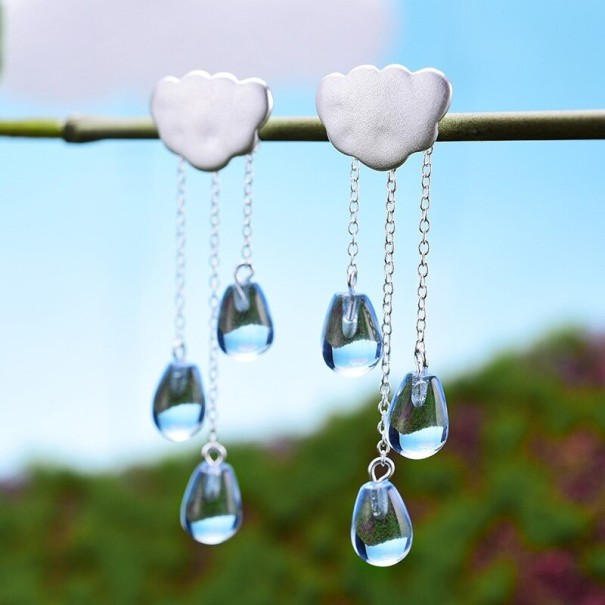 Pendientes colgantes de mujer con forma de nube y gota azul