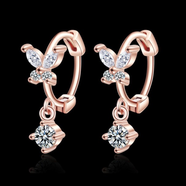 Pendientes de aro de mujer mariposa con piedra rosa viejo