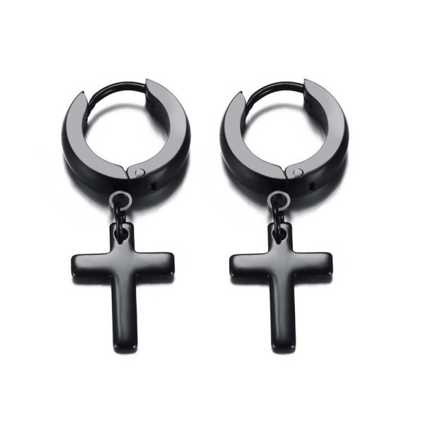 Pendientes de aro para hombre con cruz negro 2