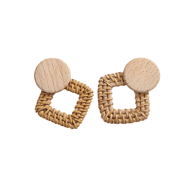 Pendientes de aro para mujer diseño cuadrado trenzado madera natural marrón beige pendientes geométricos para uso diario 1