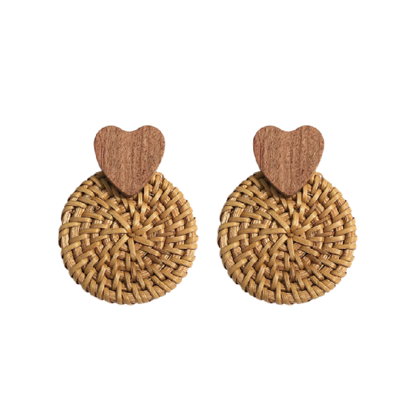 Pendientes de aro para mujer diseño trenzado redondo detalle corazón madera natural marrón beige pendientes llamativos para uso diario 1