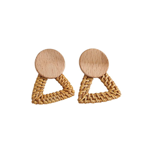 Pendientes de aro para mujer diseño triangular trenzado madera natural marrón beige pendientes geométricos para uso diario 1