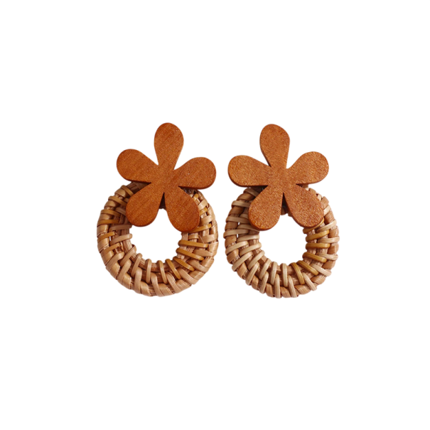Pendientes de aro para mujer redondos con flor de madera marrón con aro trenzado diseño natural para uso diario 1