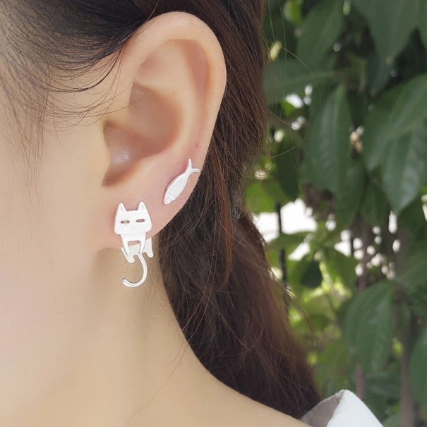 Pendientes mujer gato y pez 2 uds plateado