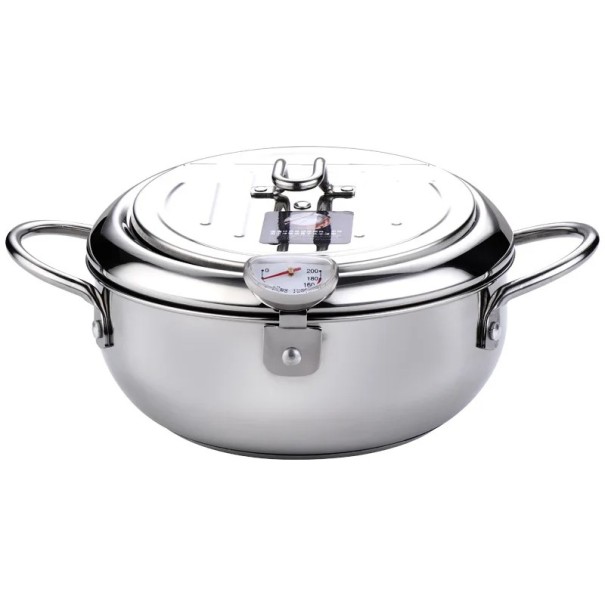Pentola giapponese per tempura 2,2 l in acciaio inossidabile con termometro e coperchio da 21 cm Padella da cucina per frittura adatta per induzione 1