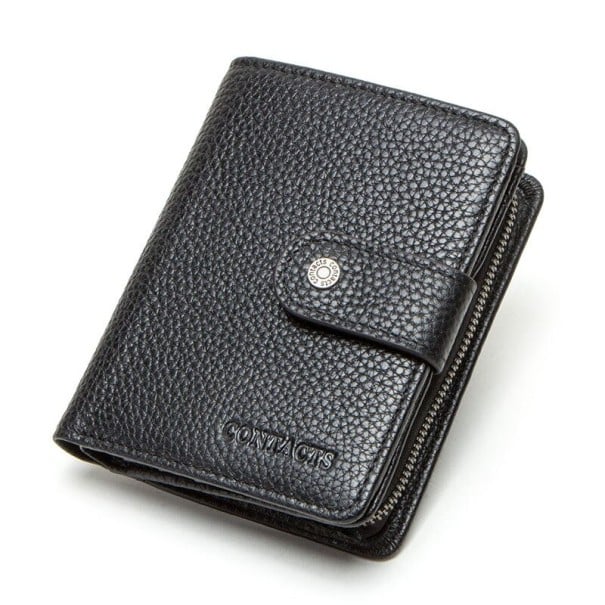 Pequeña cartera de mujer de piel auténtica Lazo con botón a presión Parte con cremallera con compartimentos y bolsillo interior negro