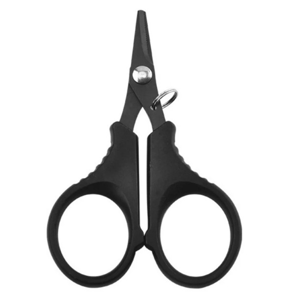 Pequenas tesouras de pesca pretas em aço inoxidável 9,5 cm Tesouras afiadas para linha e cordas Tesouras de pesca robustas com pega ergonómica Tesouras precisas e duráveis para equipamento de pesca 1