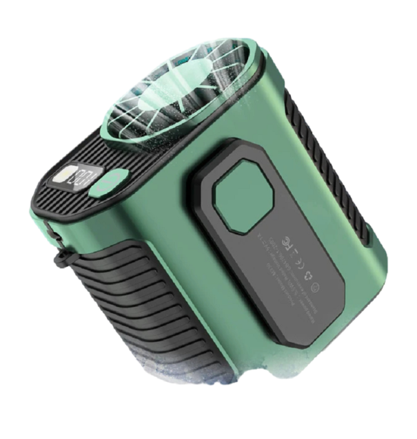 Pequeno ventilador portátil com lanterna LED 5000 mAh USB-C Ventilador suspenso para o pescoço ou cintura Powerbank leve e compacta com ventilador 9,2 x 9,8 x 6,8 cm verde