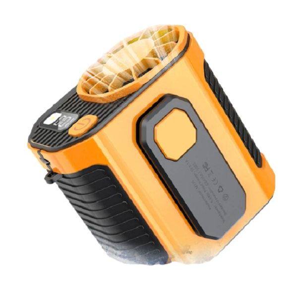 Pequeño ventilador portátil con linterna LED 5000 mAh USB-C Ventilador colgante para exterior para cuello o cintura Banco de energía compacto y liviano con ventilador 9,2 x 9,8 x 6,8 cm naranja