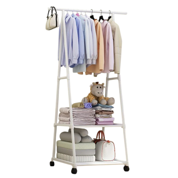 Perchero con ruedas 55 x 42 x 160 cm Plástico PP 2 estantes textiles Perchero móvil Perchero de almacenamiento Organizador portátil blanco
