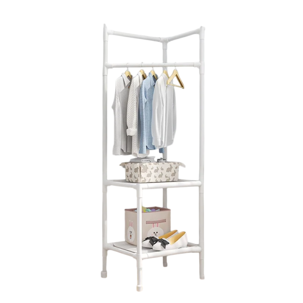 Perchero de esquina para ropa 180 x 45 x 45 cm con barra de 60 cm Estructura de metal de acero al carbono y dos estantes de tela no tejida blanco