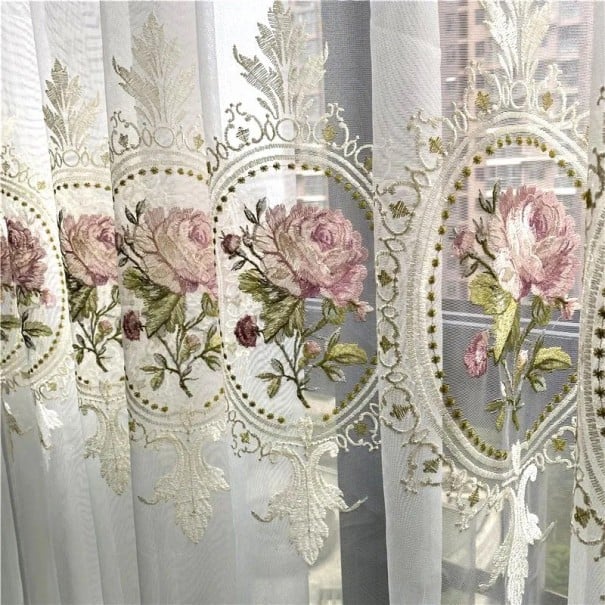 Perdeau transparent cu trandafiri brodat Voile transparent cu trandafiri cârlig elegant pentru broderie cu flori agățat perdea 1