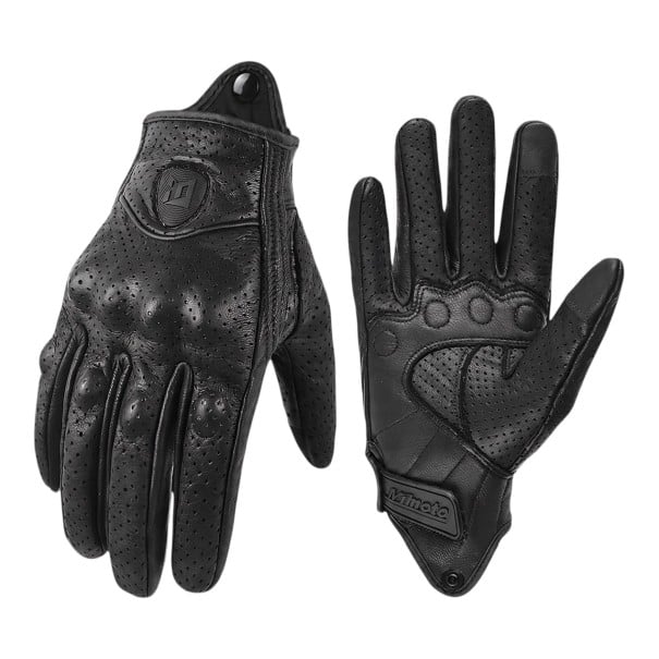 Perforated Full-Finger Motorcycle Gloves with Knuckle and Finger Protectors and Padded Leather Palm in Black for Riding L