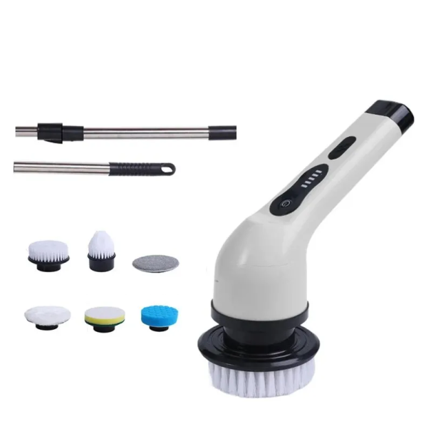 Perie electrică rotativă fără fir 125 cm cu tijă telescopică 6 capete 3000mAh încărcare USB-C perie de curățare din material ABS alb