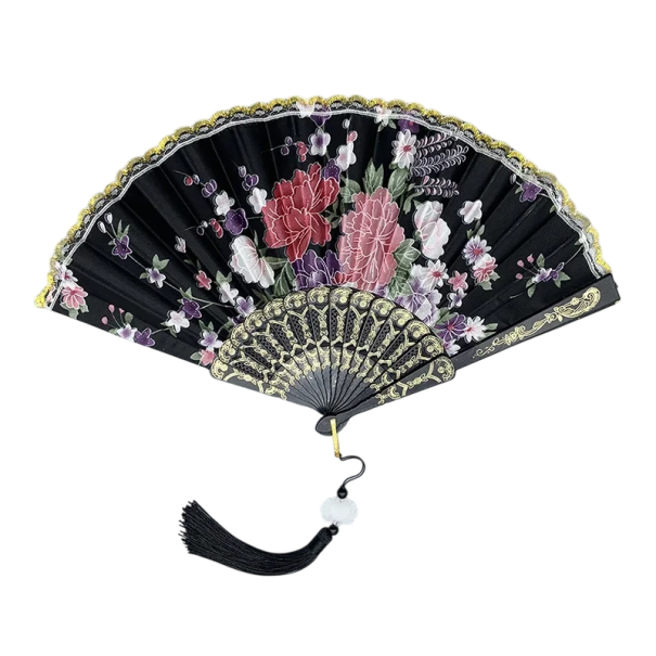 Perinteinen kiinalainen viuhka 42,5 x 23 cm Elegantti kokoontaitettava viuhka muovista ja kankaasta Aasialaistyylinen koriste-tanssiesitysasu musta