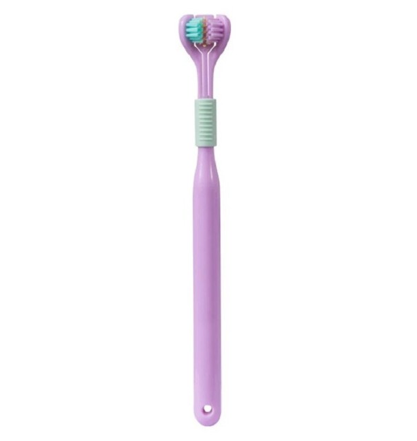 Periuta de dinti cu trei capete cu peri fine Periuta de dinti moale pe trei fete 360° pentru adulti Periuta de dinti cu racleta pentru limba 19,5 x 2,5 cm violet