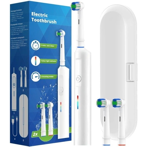 Periuță de dinți electrică rotativă 3 moduri USB încărcare rapidă Timer Carcasă de călătorie 2 capete Periuță de dinți practică pentru călătorii 1