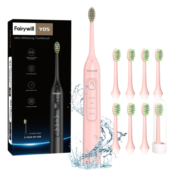 Periuță de dinți electrică sonică, încărcare USB, impermeabilă IPX7, 8 capete de schimb, memento 30s, temporizator de 2 minute, încărcare rapidă roz