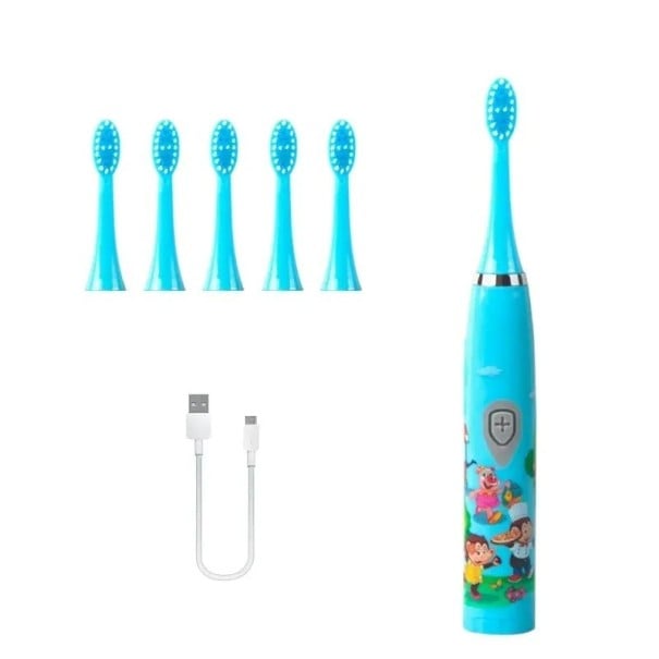 Periuță de dinți electrică sonică pentru copii, încărcare USB, impermeabilă IPX7, design colorat cu desene animate, 6 capete de schimb, peri albastru