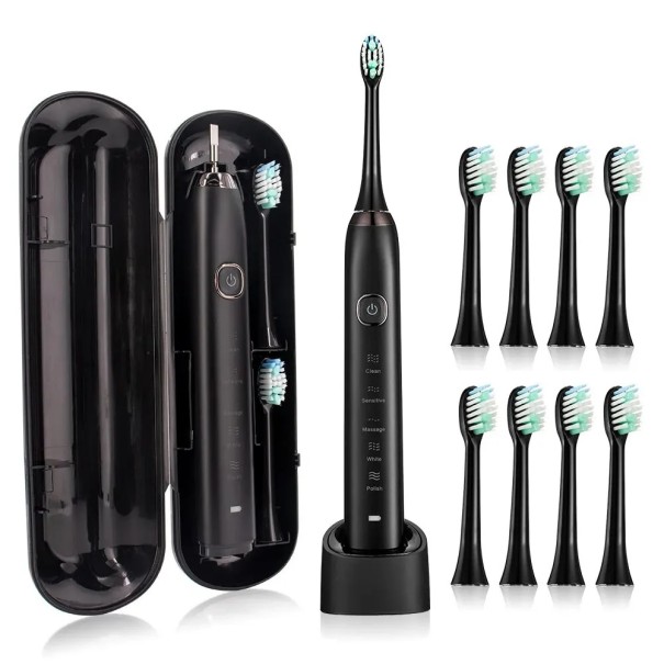 Periuță de dinți electrică sonică Sarmocare S100 Periuță Smart ultrasonică 8 capete încărcare USB IPX7 Rezistentă la apă 5 moduri negru