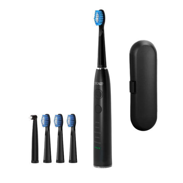 Periuță de dinți electrică sonică Seago SG-575 USB reîncărcabilă 360 zile autonomie IPX7 4 capete de schimb Cutie de călătorie ABS+TPE negru