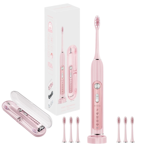 Periuță de dinți electrică super sonică pentru adulți și copii, cronometru inteligent, albire a dinților, IPX7, impermeabilă, 6 capete înlocuibile, set de curățare eficientă roz