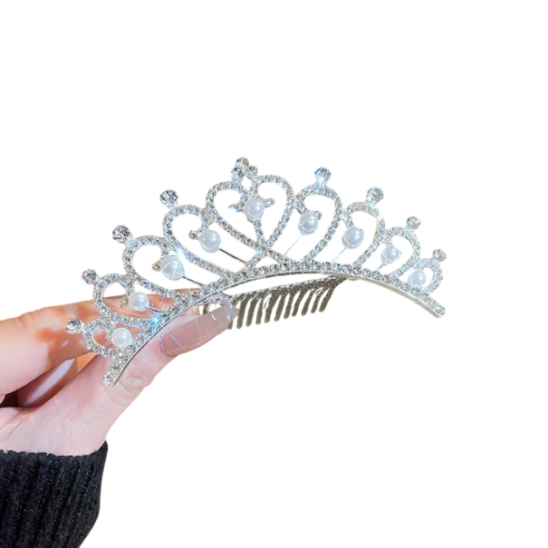 Perlová princeznovská korunka Univerzálna veľkosť Srdcové oblúky s kryštálmi a hrebeňom Bohatá slávnostná vlasová ozdoba 1