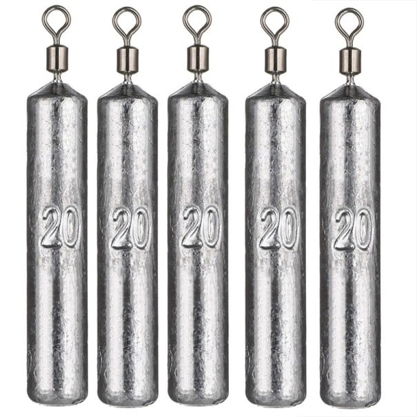 Pesos de plomo para pesca cilíndricos con eslabón giratorio, 5 unidades, 20 g, plomo estable para buceo, peso de lanzamiento largo para pescar peces 1