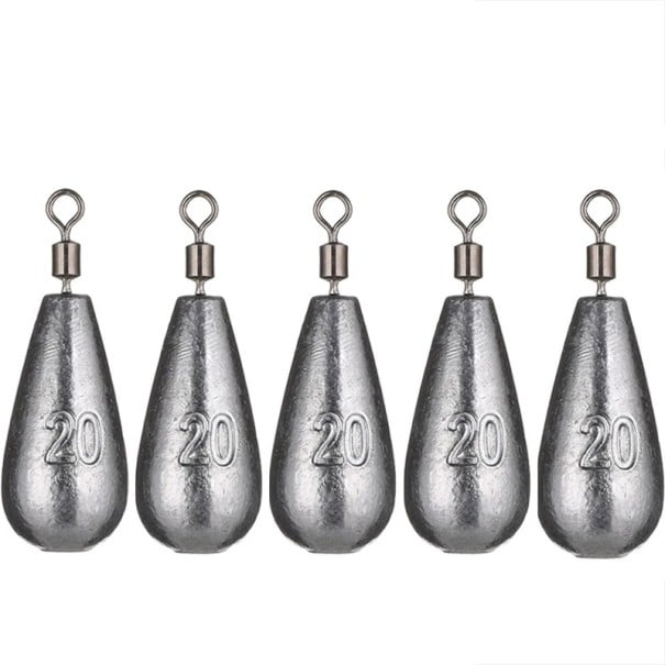 Pesos de plomo para pesca en forma de gota con eslabón giratorio, 5 unidades, 20 g, plomo estable para buceo, peso de lanzamiento largo para pescar 1