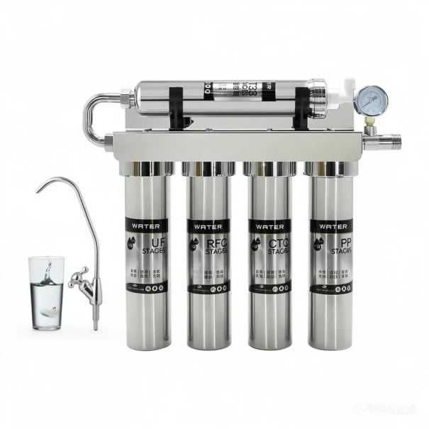 Pětistupňový nerezový vodní filtr ultrafiltrace 0.01 mikronu, 5 patron s aktivním uhlím a změkčením vody, 510 x 83 x 340 mm, stříbrný 1