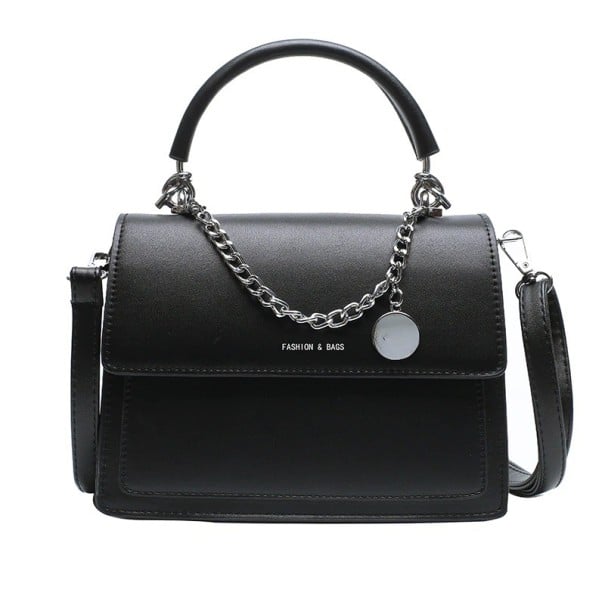 Petit sac à main pour femme à porter à la main ou à l'épaule avec rabat et anse supérieure Chaîne décorative argentée avec pendentif rond noir