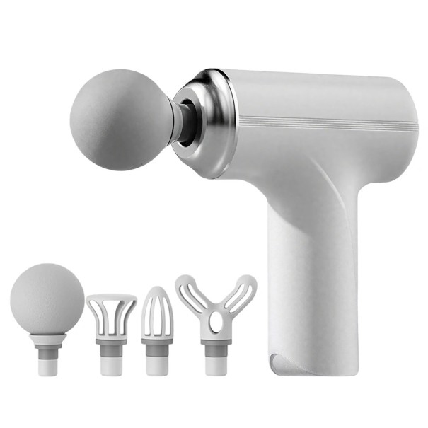 Petite pistolet de massage avec 4 embouts 6 réglages d'intensité Amplitude 15 mm Dimensions 13 x 16 cm Puissance 24 W Chargement USB-C blanc