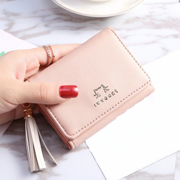 Petite portefeuille en cuir pour femme avec pompon M162 rose