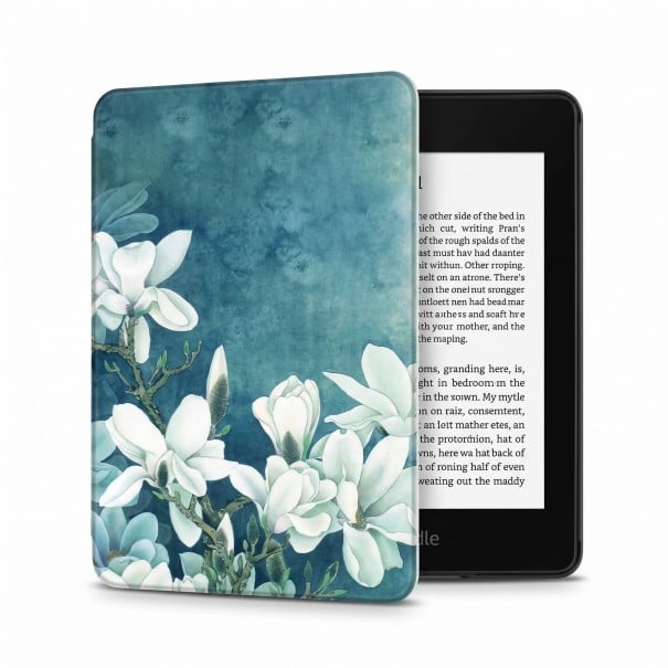 Petrolej flip cover 6 tommer til Kindle 10. generation 2019 med malede hvide magnolia blomster og med håndledsrem samt folie 1