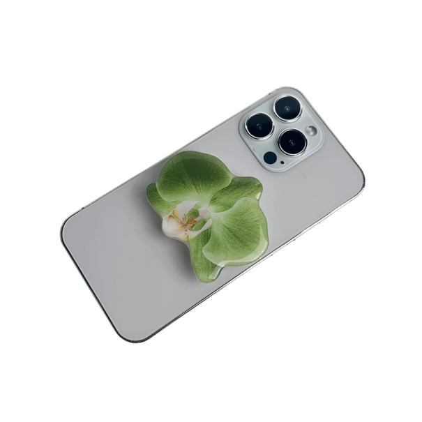 Phone Holder with Orchid-Shaped Ring Acrylic Grip Support for Comfortable Mobile Holding and Usage green