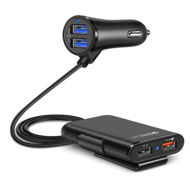 Φορτιστής αυτοκινήτου με 4 θύρες USB και κλιπ για πίσω κάθισμα Γρήγορη φόρτιση QC 3.0 Είσοδος 12 έως 24 V για επιβατικά και φορτηγά αυτοκίνητα Καλώδιο 1