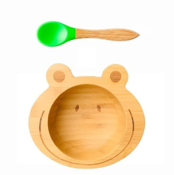 Piatto per bambini con cucchiaino rana verde neon