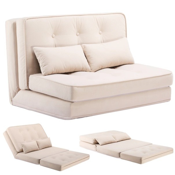 Piccola sofa letto 90 x 57 x 53 cm con materasso, comoda poltrona divano per ospiti in soggiorno o camera da letto beige