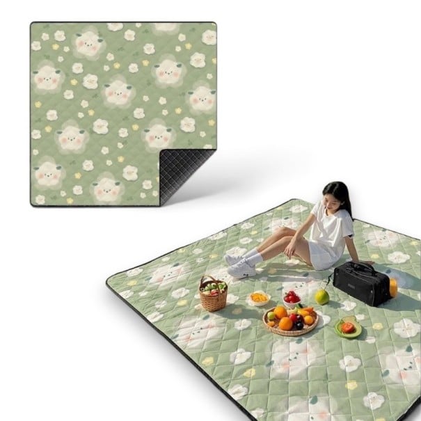 Picknickdecke 200 x 150 cm Sechsschichtige verstärkte Konstruktion Wasserdicht und sandresistent Faltbar mit Tragegurt Grün mit Schafen