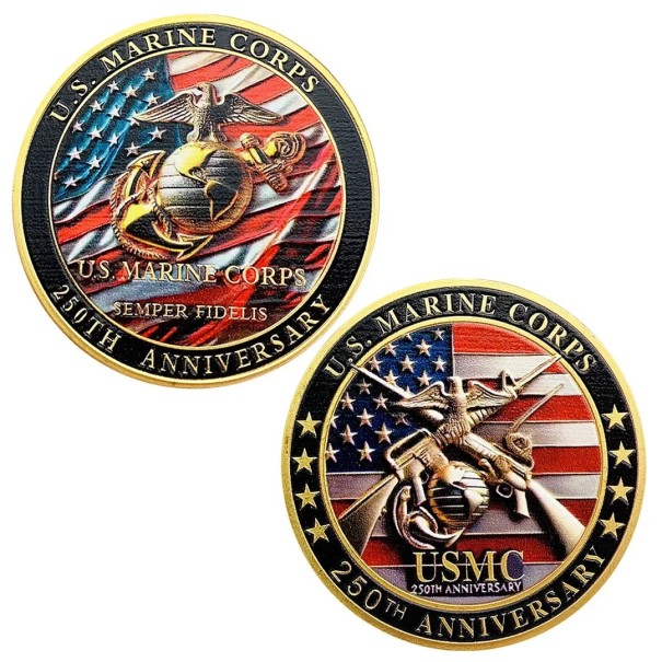 Pièce Commémorative US Marine Corps Corps des Marines des États-Unis Semper Fidelis 250ème Anniversaire Double Face 4 cm Métal Doré avec Relief d'Aigle, Globe et Ancre 1