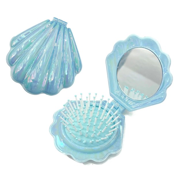 Pieptene de călătorie pliabil cu oglindă 14 x 7 cm Design perlat de scoică Pieptene de masaj cu dinți rotunzi Compact pentru femei albastru