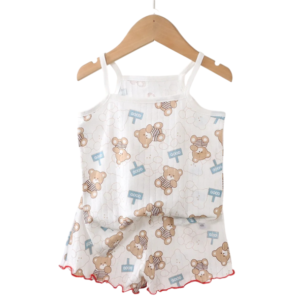 Pige sommer sæt Top med tynde stropper og shorts Rund hals Hvid sæt med print af bamser 9-12 måneder