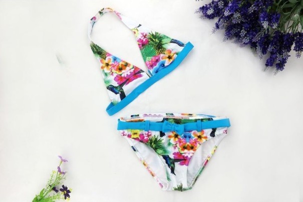 Pigebikini med blomsterprint og sløjfebælte J1268 blå 6