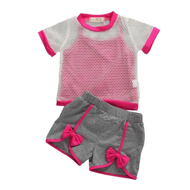 Piger T-shirt, tanktop og shorts L1193 mørkerosa 4
