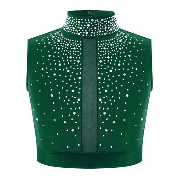 Pigernes danse crop top med høj krave dekoreret med sten, polyester, til ballet, gymnastik, moderne dans og sceneshows grøn 14